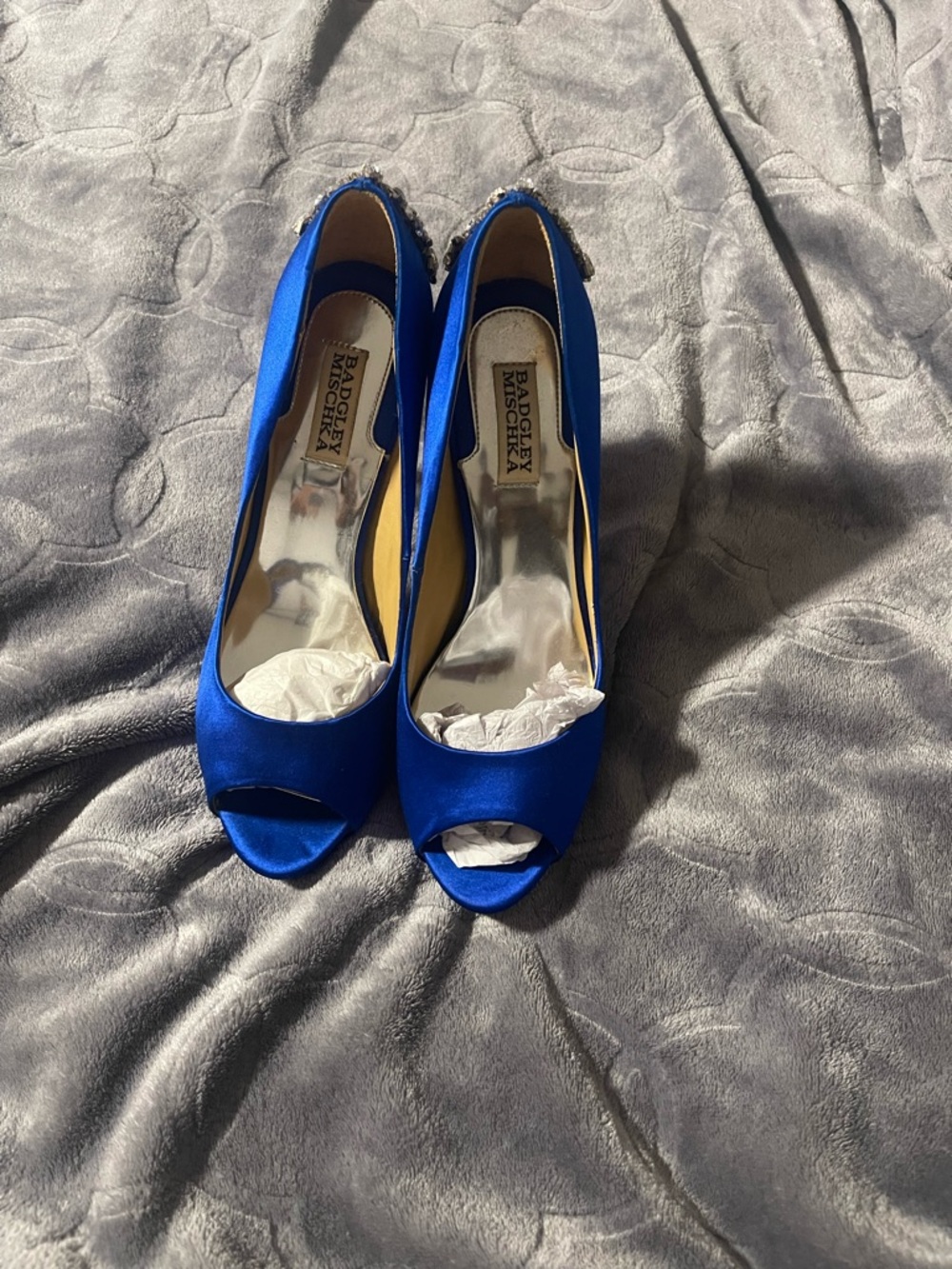 Badgley Mischka Cobalt Blue Satin Peep-Toe Heels with Embellished Heel